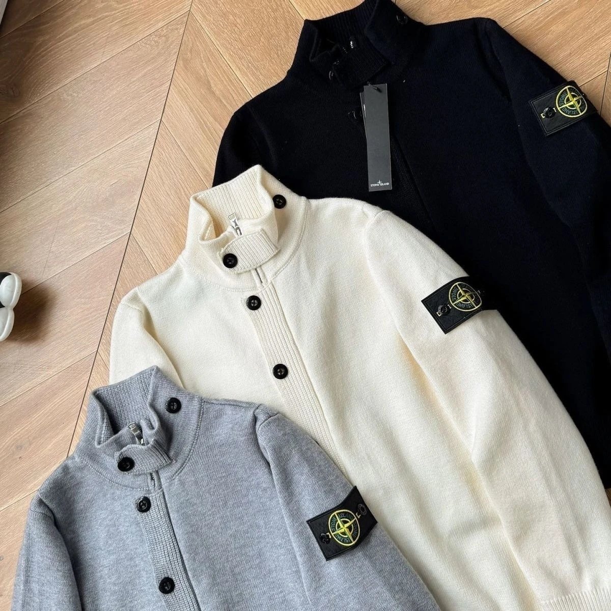 STONE Head Island High Quality High Collar cardigan Light Luxury Knitted Zipper Solid Color Same Style Couple Coat Light Black