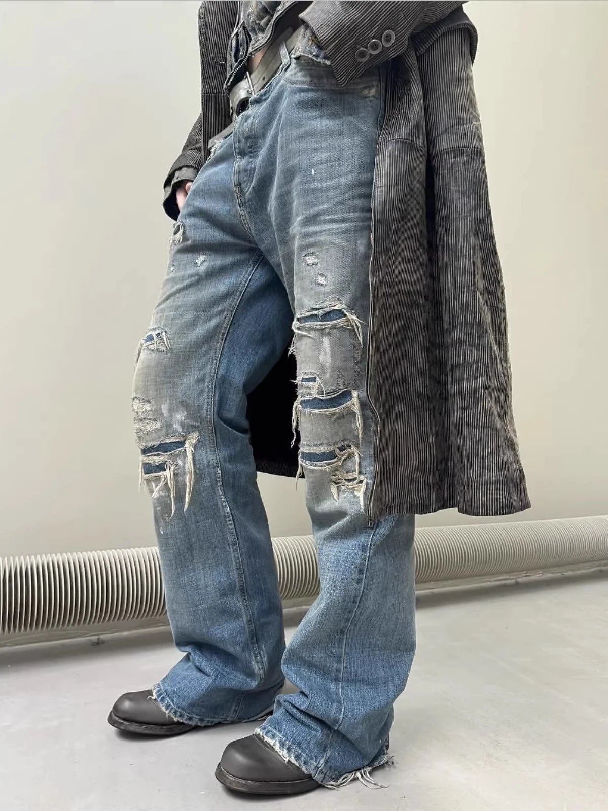 High Version No Faith Studios Hand-Sewn Distressed Ripped Splatter Paint Straight Bootcut Jeans for Men and Women