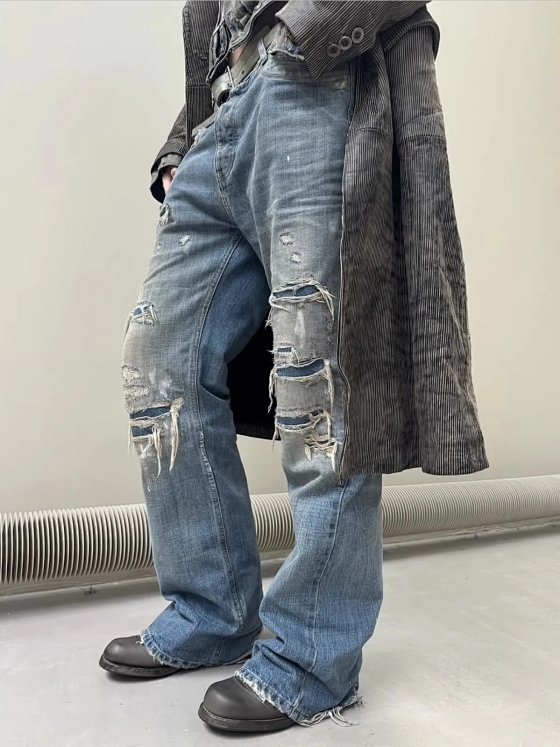High Version No Faith Studios Hand-Sewn Distressed Ripped Splatter Paint Straight Bootcut Jeans for Men and Women