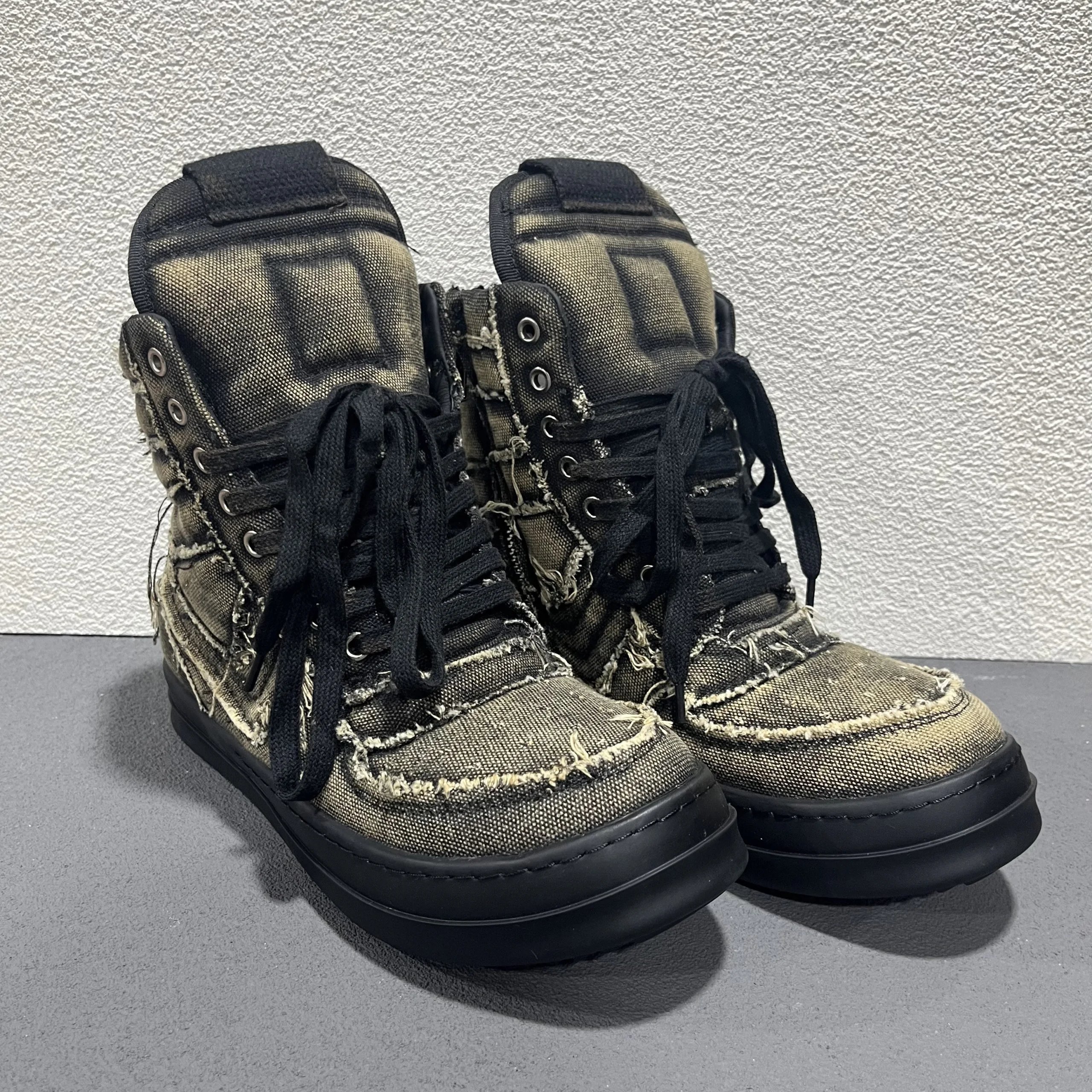 26 SS New RO Style Workwear Distressed Canvas High-Top Lace-up Thick Sole Platform Casual Skate Shoes for Men
