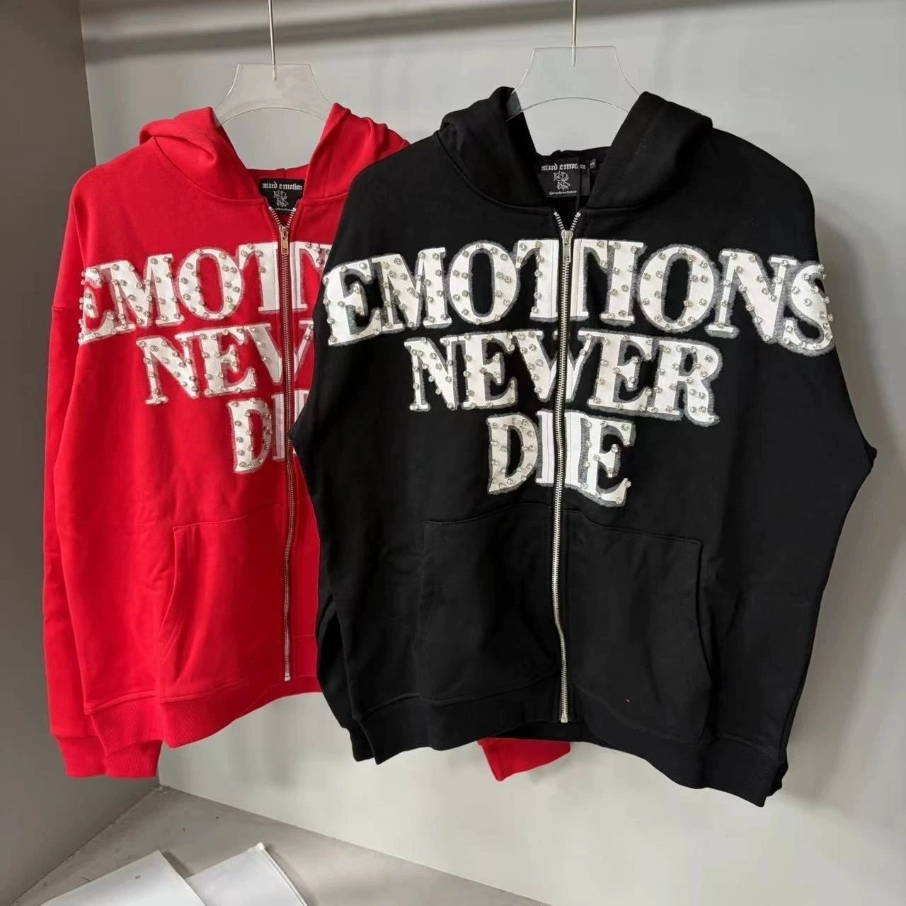 Trendy brand rhinestone letter printed zipper hooded sweatshirt jacket men's and women's cardigan top autumn