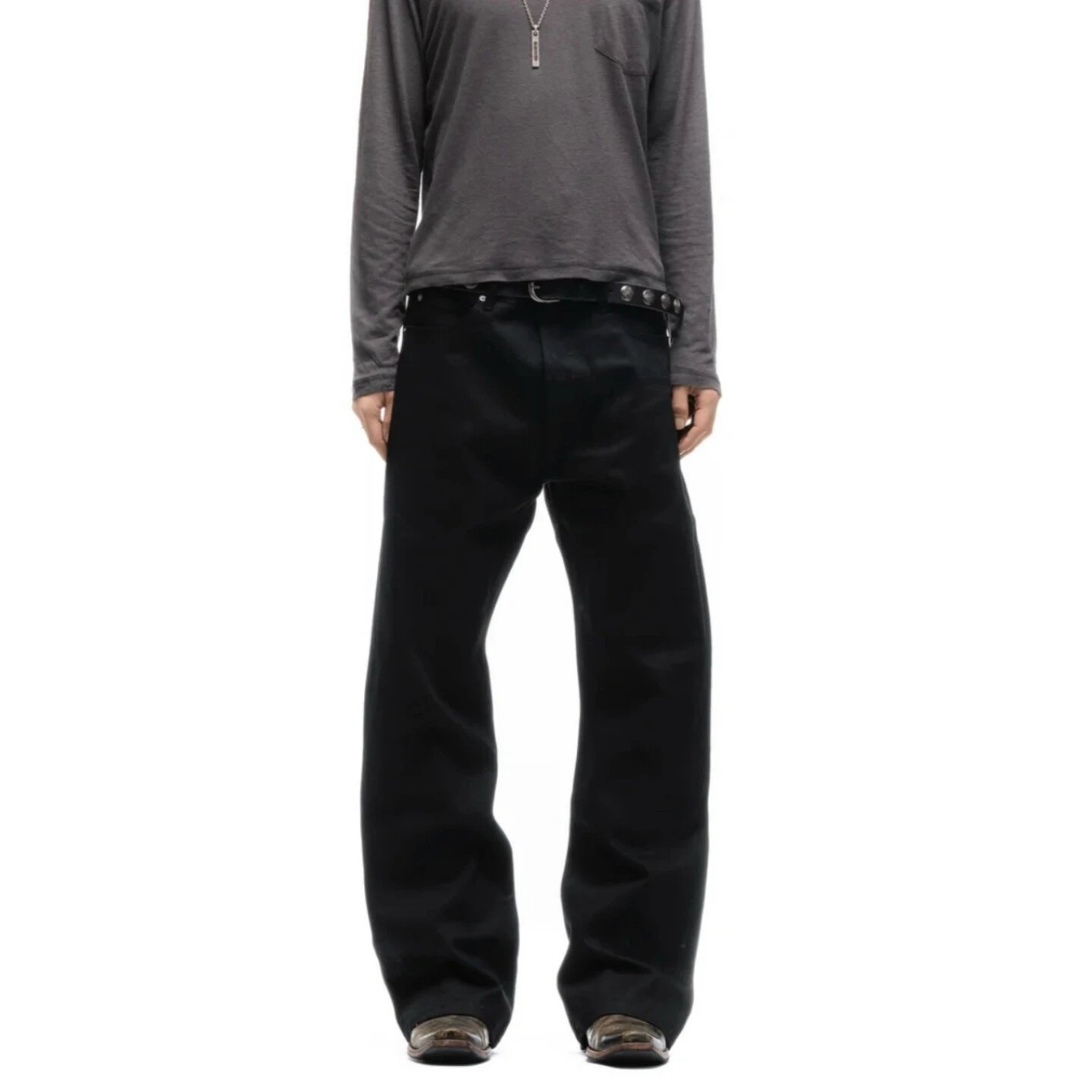 No Faith Studios Japanese twill pure black raw denim curved bootcut red selvedge jeans for men