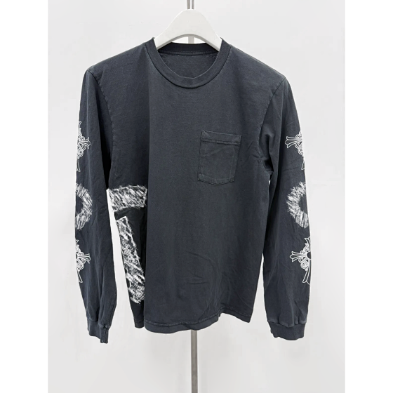 (In stock) Self owned Soap and Water Washed Used Sanskrit Letter Flower Arm Long Sleeve T-shirt Vintage
