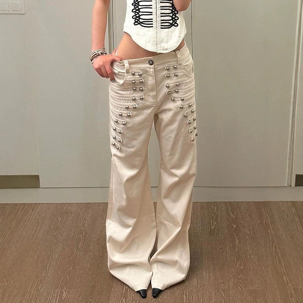 美式辣妹多排金属扣牛仔裤女夏薄款街头小众设计感百搭显瘦拖地裤