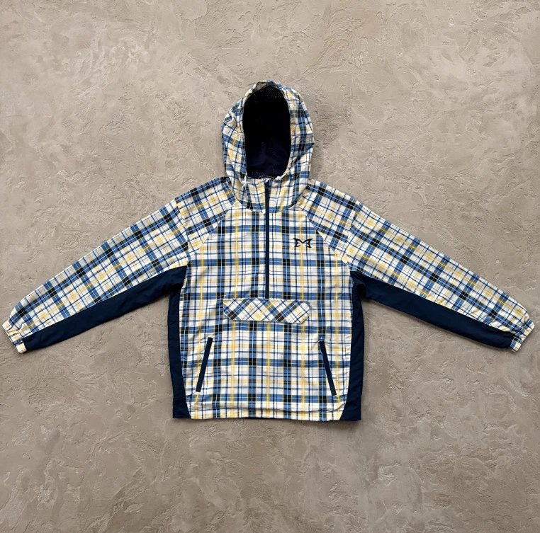 MUTA Jackets Hooded zip-up shell jacket with multiple zip pockets — Blue plaid
