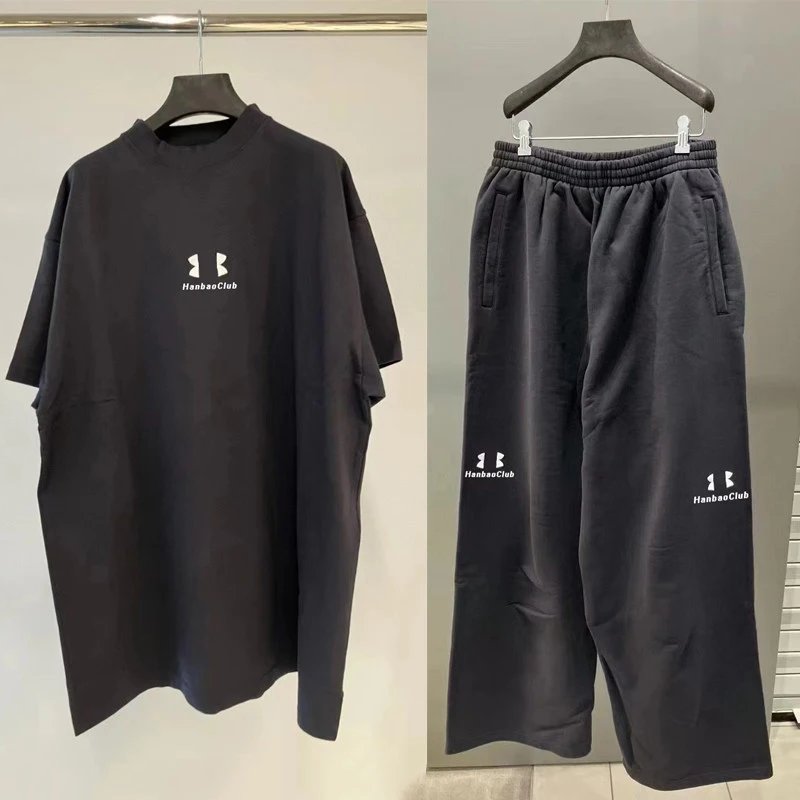 HANBAO 【 Dress Up Good Goods 】 UA Co branded Logo Embroidered Loose Short sleeved T-shirt/Pants Set for Men and Women
