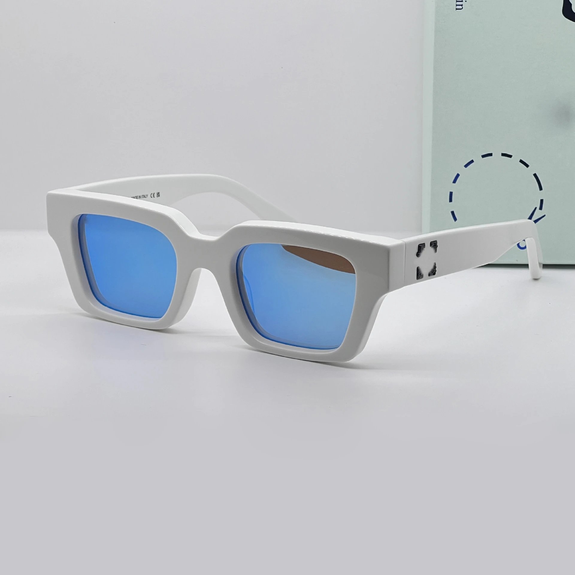 White Frame Blue Lens Black Text (No Case)