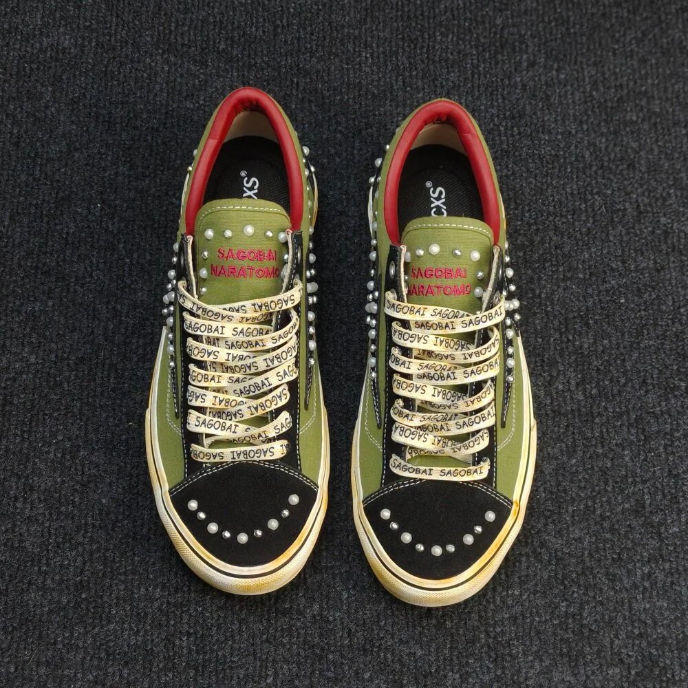 SATOSHI NAKAMOTO x OS Green-Black Vintage Skate Shoes Distressed Lightning Design Casual Sneakers