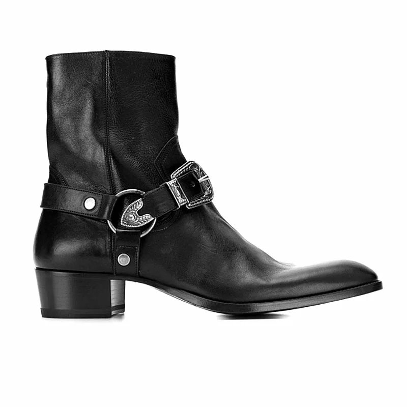 Men's British Style Genuine Leather Pointed Toe Boots with Metal Buckle Personality Trendy Martin Boots
