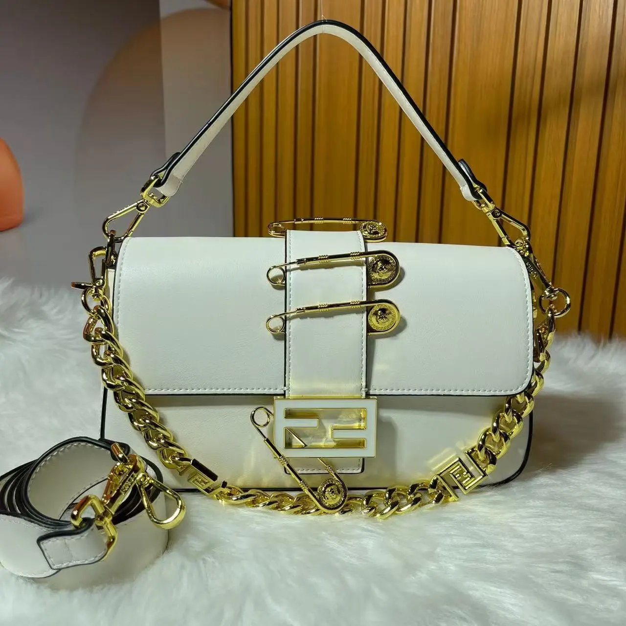 Fendi Baguette Mini Houndstooth Silver Chain Shoulder Bag - 4