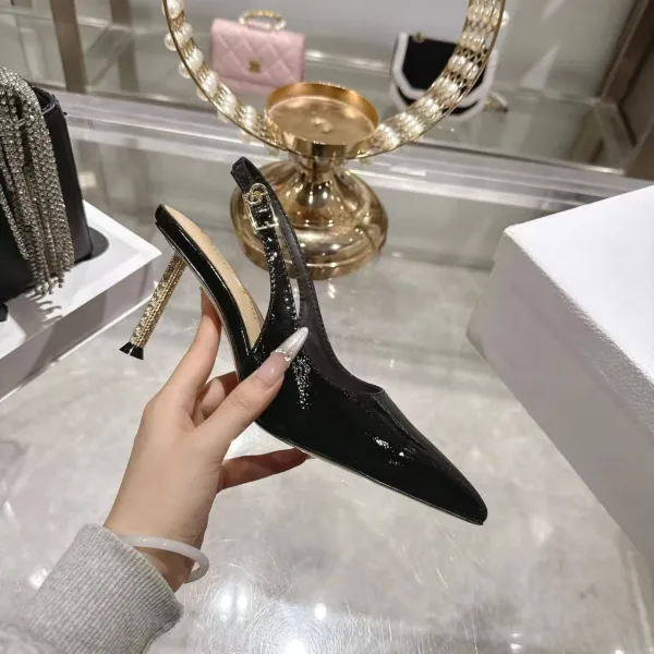 Design Slingback Stiletto Heel Black Patent Leather Pointed-Toe Heels - 6