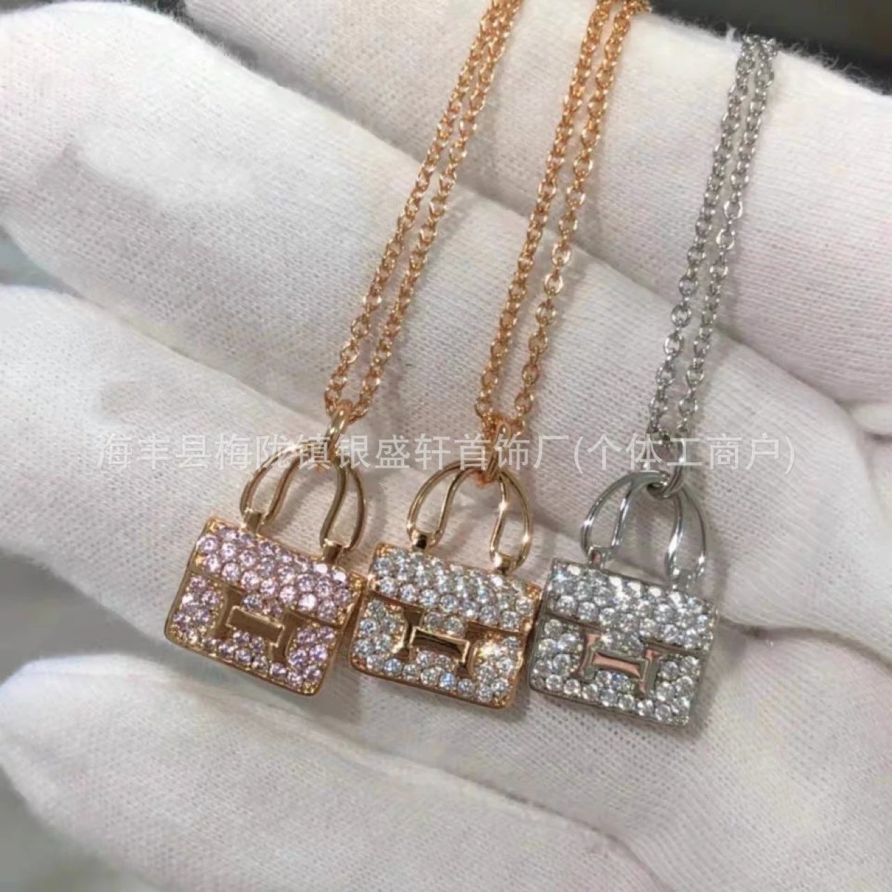 Design Mini Bag Pendant Necklace Rose Gold Pink Crystal Jewelry - 4