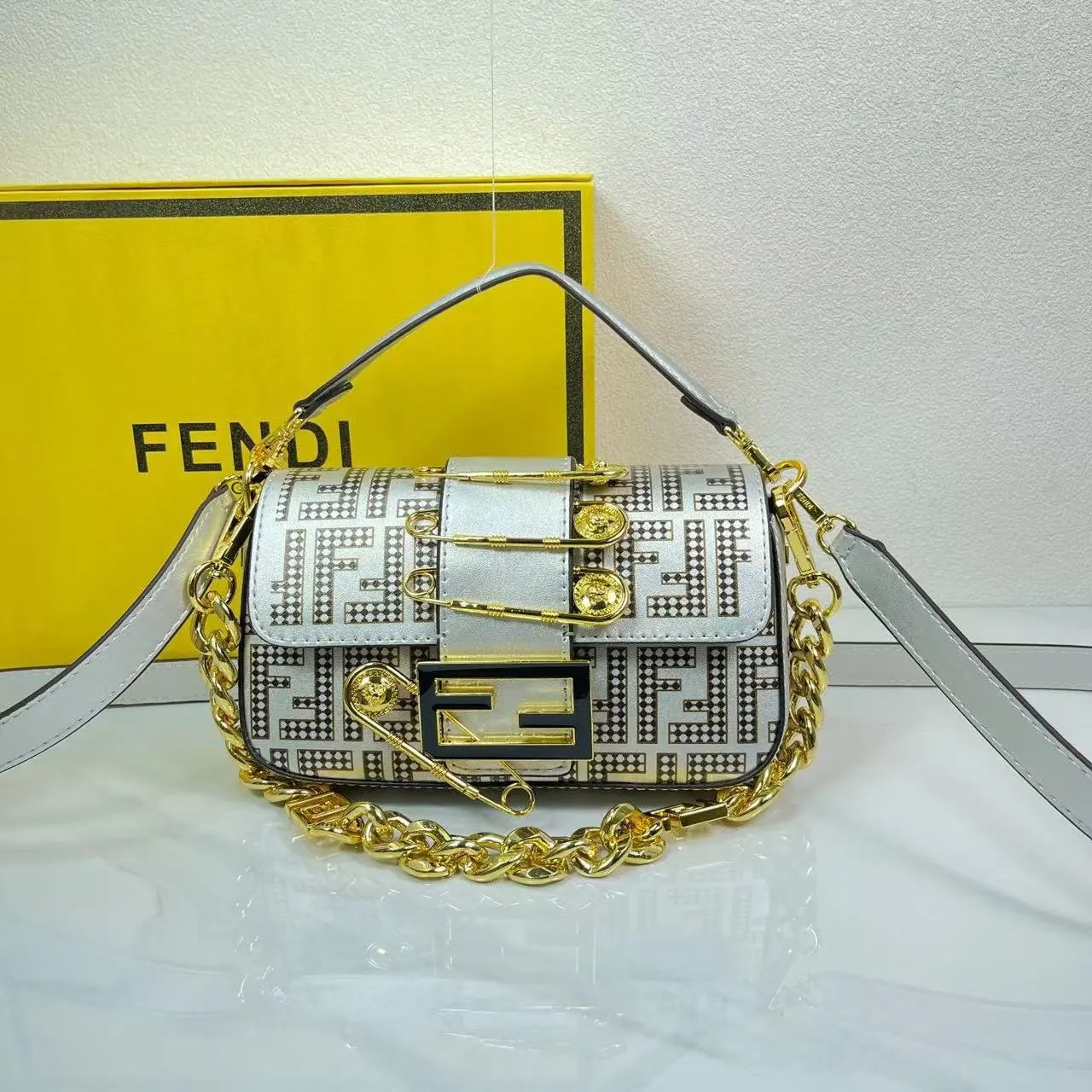 Fendi Baguette FF Logo Print Beige Gold Chain Shoulder Bag - 5