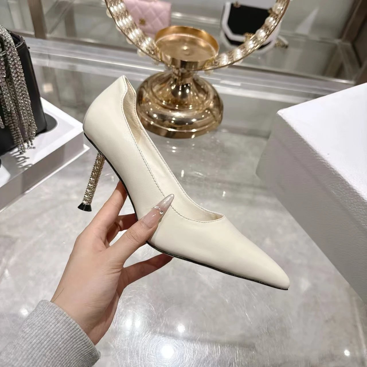 Design Pointed-Toe Stiletto Heel with Crystal-Embellished Stem White Heels