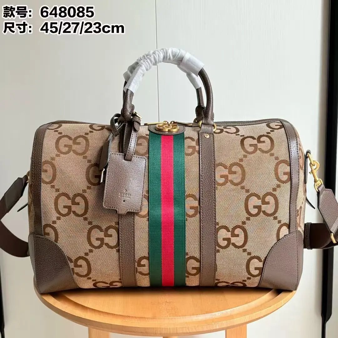 Gucci GG Marmont Duffle Bag Beige Canvas with Web Stripe Travel Bag - 2