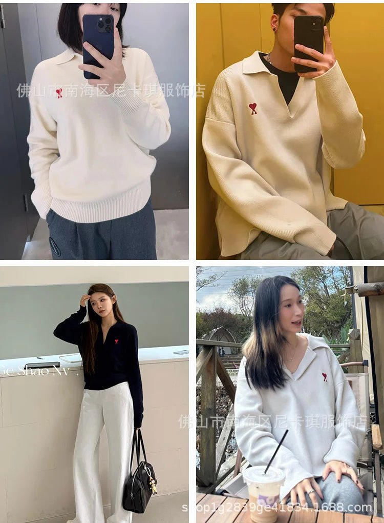 Design Knit Polo Sweater with Heart Logo Olive Green - 7