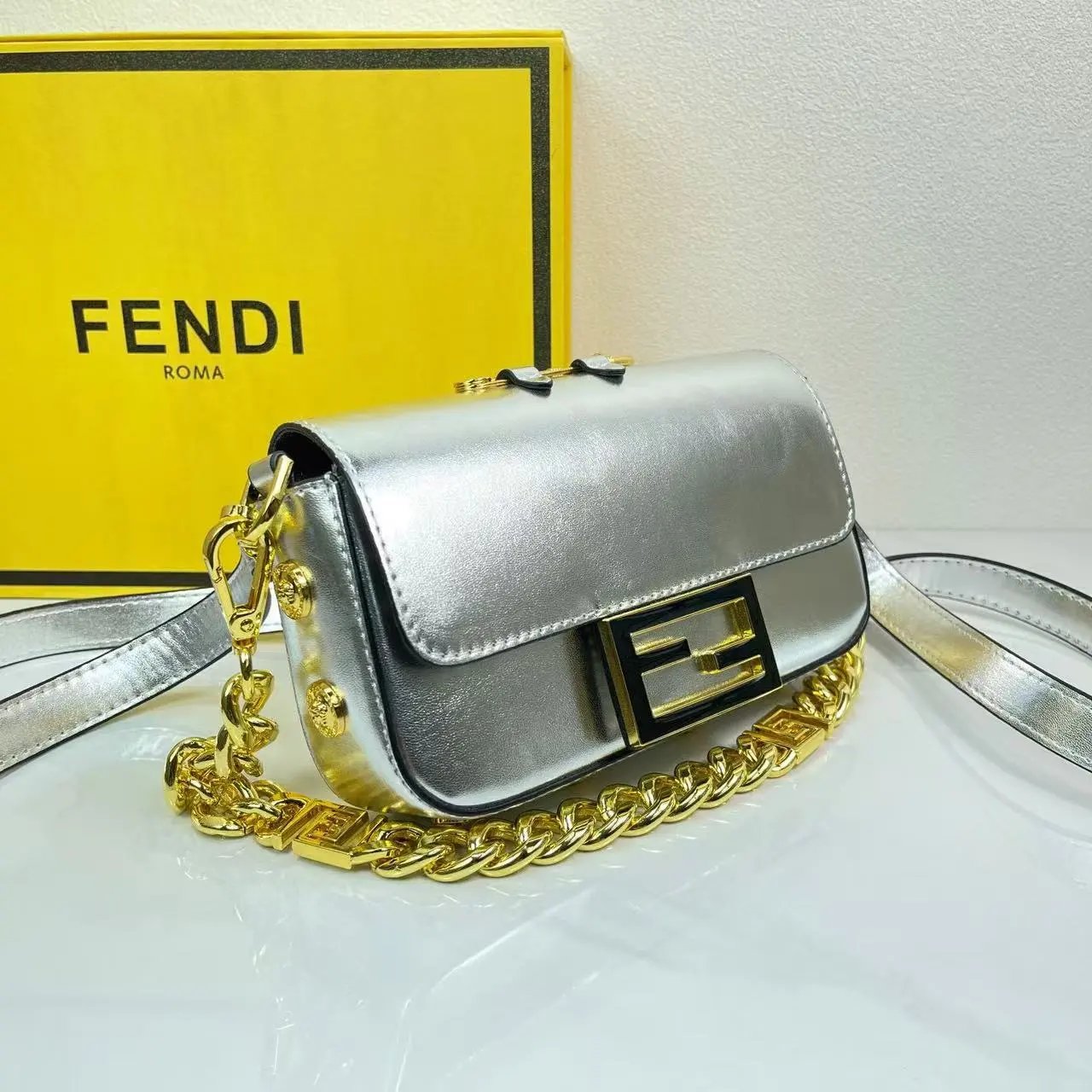 Fendi Baguette FF Logo Print Beige Gold Chain Shoulder Bag - 4