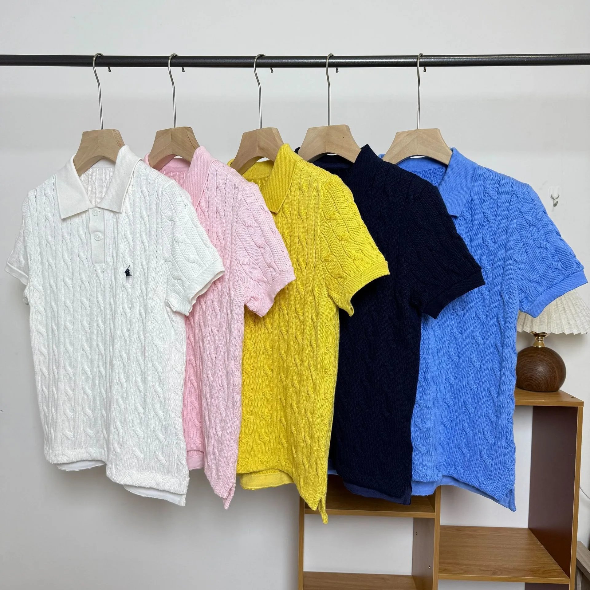 Design Cable Knit Polo Shirt in Sky Blue Tops Polo - 3