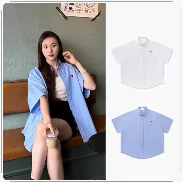 AMI Paris Heart Logo Oxford Shirt Light Blue - 50