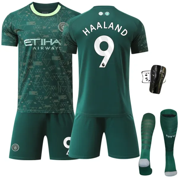 Manchester City FC 2023-24 Third Kit Haaland #9 Green Jersey Set - 1