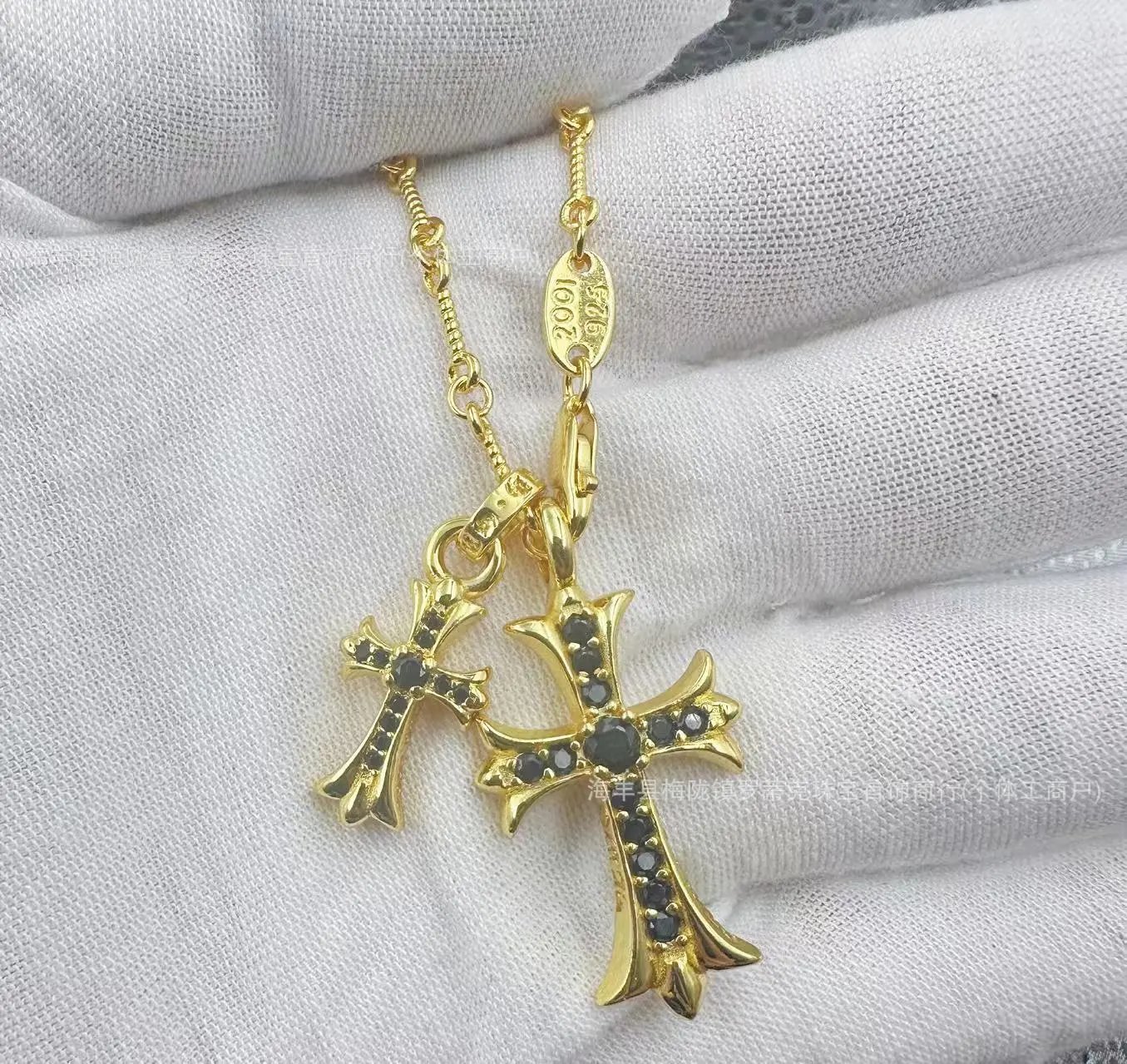 Chrome Hearts Double Cross Pendant Necklace Gold Jewelry - 15