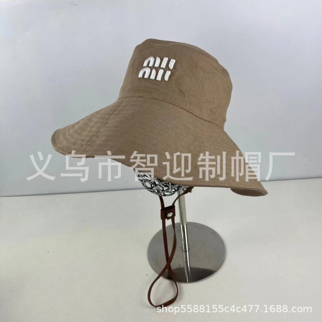 Design Beige Bucket Hat with Leather Strap and White Logo Patch Bucket Hat - 4