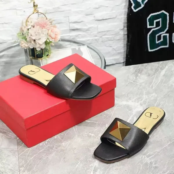 Valentino Rockstud Flat Slide Black Gold Sandals Slippers - 1