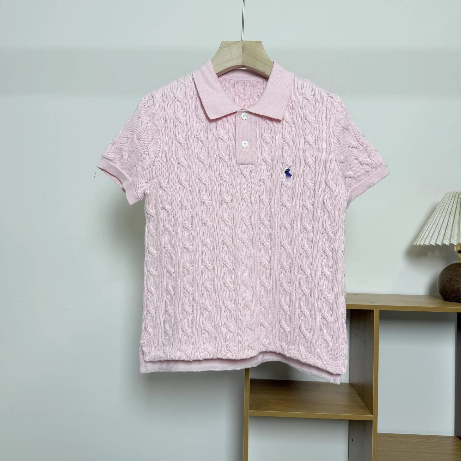 Design Cable Knit Polo Shirt in Sky Blue Tops Polo - 13