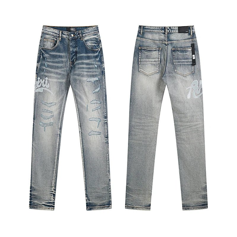 Amiri Logo Print Distressed Slim Fit Jeans - 10