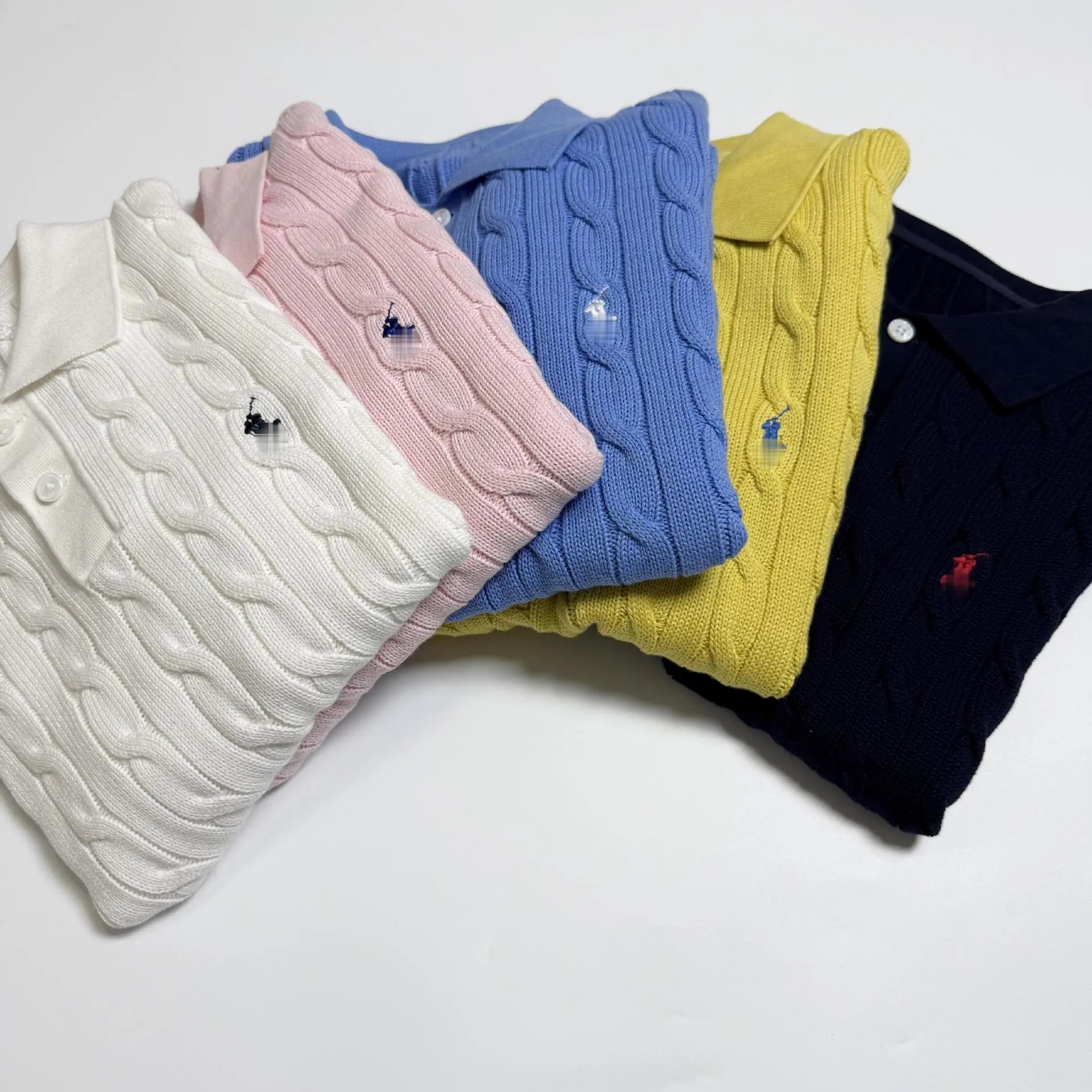 Design Cable Knit Polo Shirt in Sky Blue Tops Polo - 8