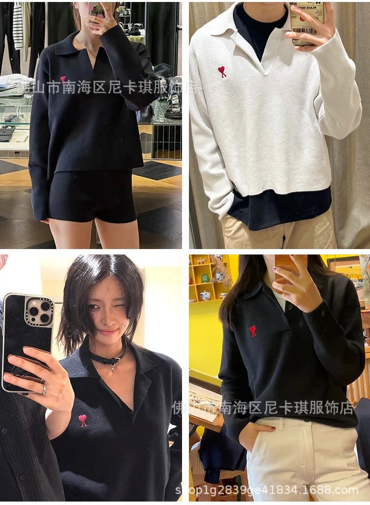 Design Knit Polo Sweater with Heart Logo Olive Green - 6