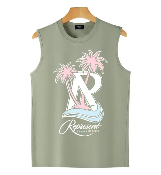 Represent Resorts Palm Tree Graphic Olive Green Sleeveless Top Vest Top - 1