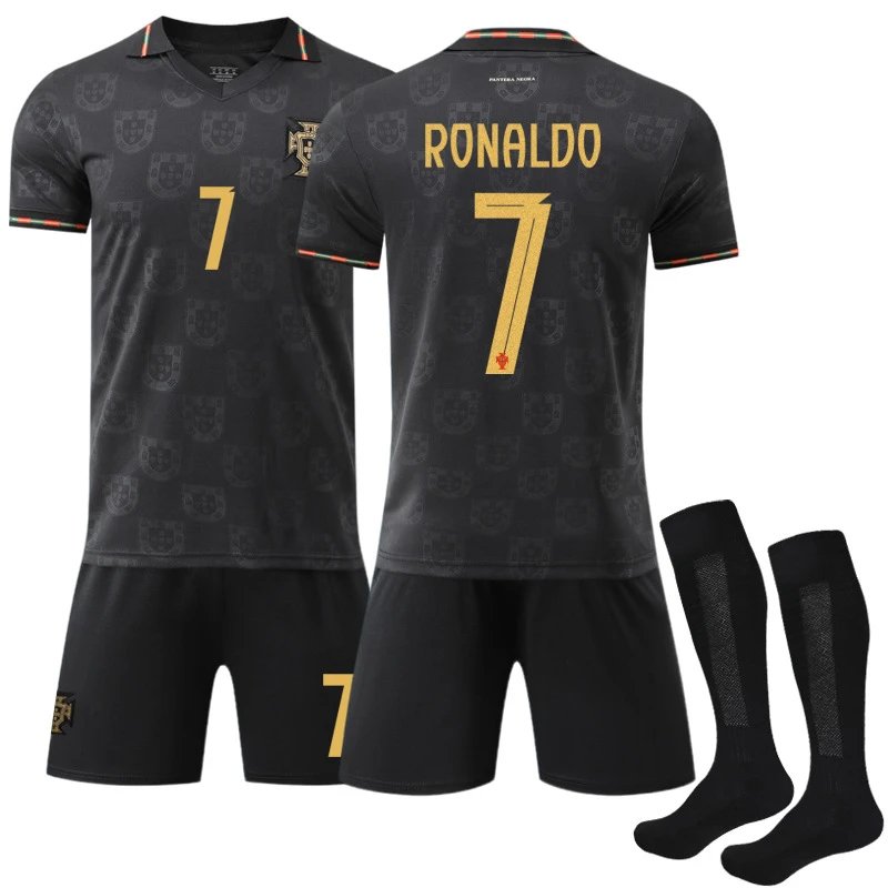 Portugal National Team Ronaldo #7 Black Away Kit Jersey and Shorts - 4