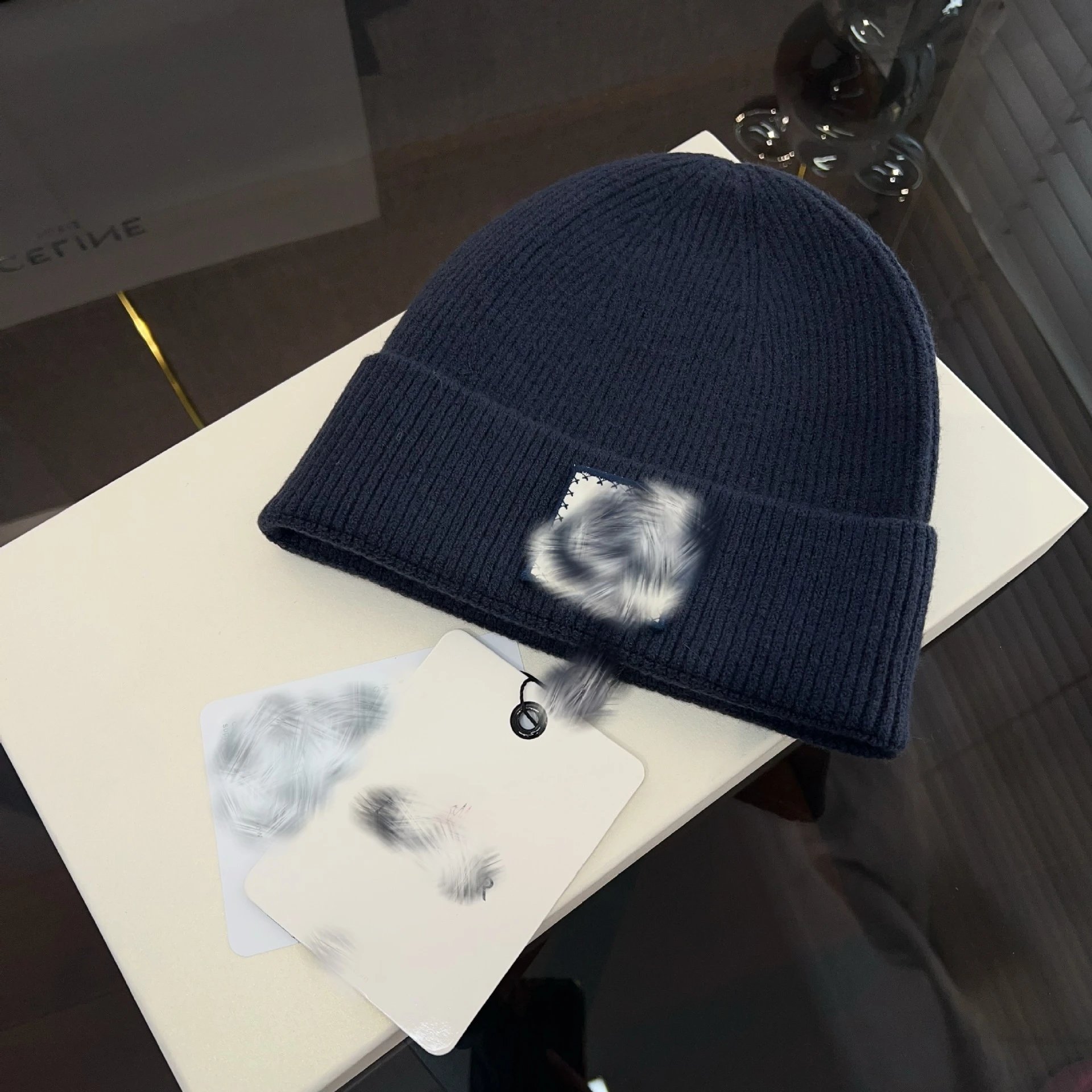 Celine Knit Beanie with Fur Patch Black - 5