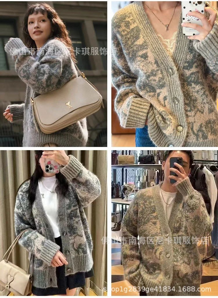 Design Abstract Print V-Neck Cardigan Beige Green Multicolor Cardigan Outerwear.cardigan - 6