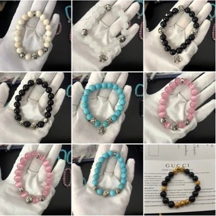 Design Handcrafted Pink Cat's Eye Stone Bracelet with Silver Floral Beads Bracelets Jewelry - 13