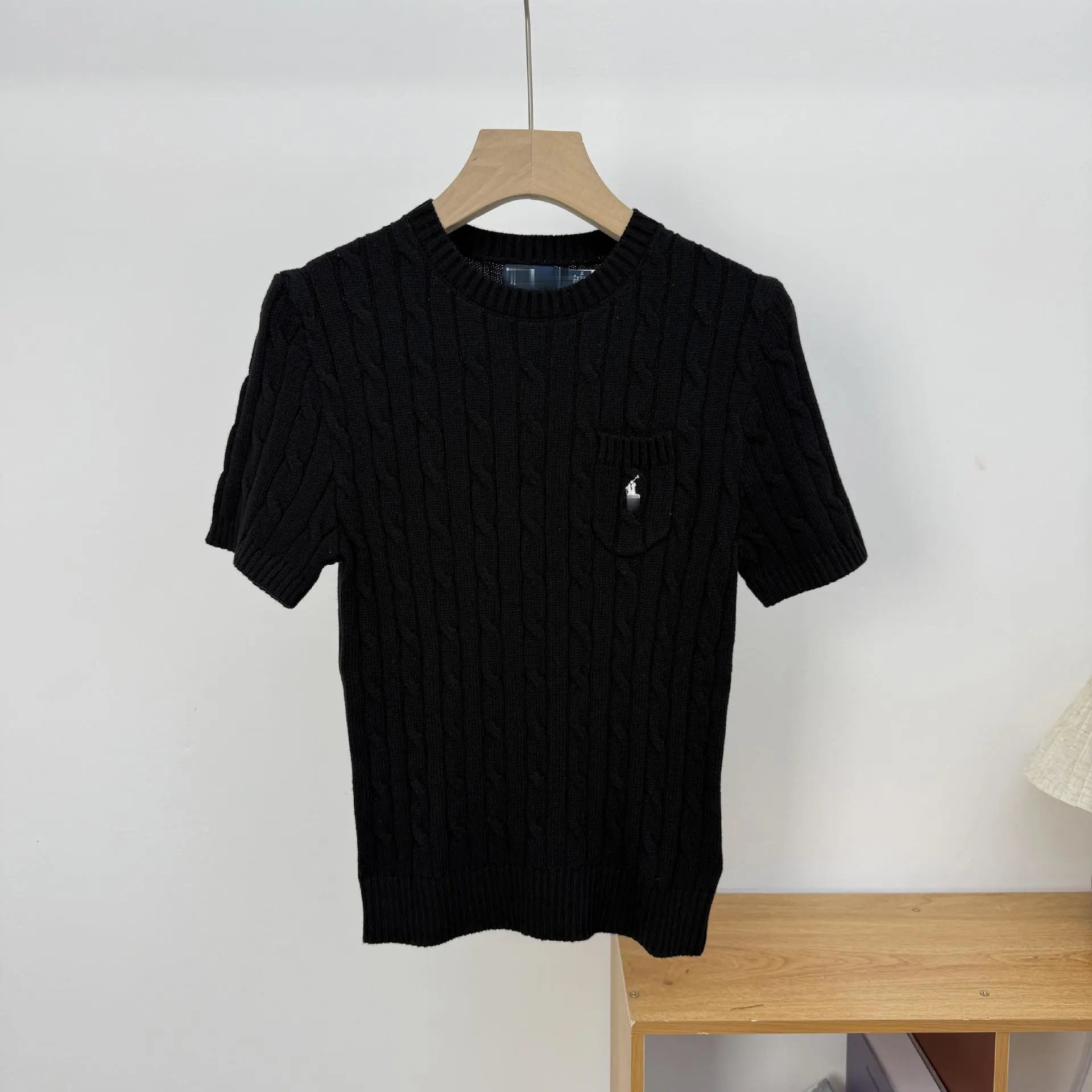 Design Cable Knit Short-Sleeve Sweater Beige Sweater - 13
