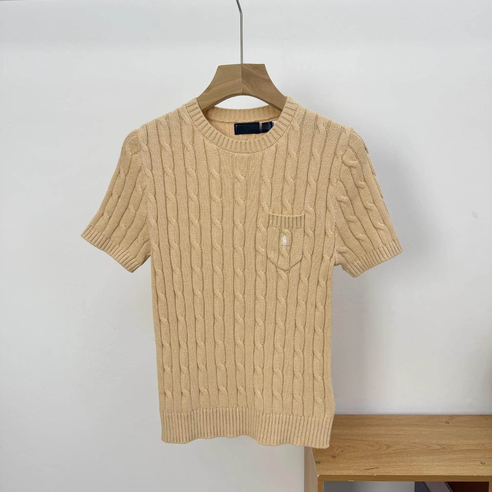 Design Cable Knit Short-Sleeve Sweater Beige Sweater - 14