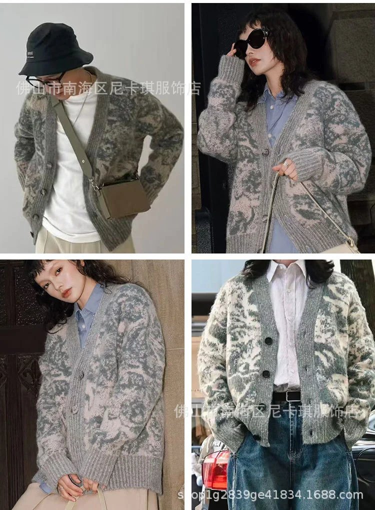 Design Abstract Print V-Neck Cardigan Beige Green Multicolor Cardigan Outerwear.cardigan - 5