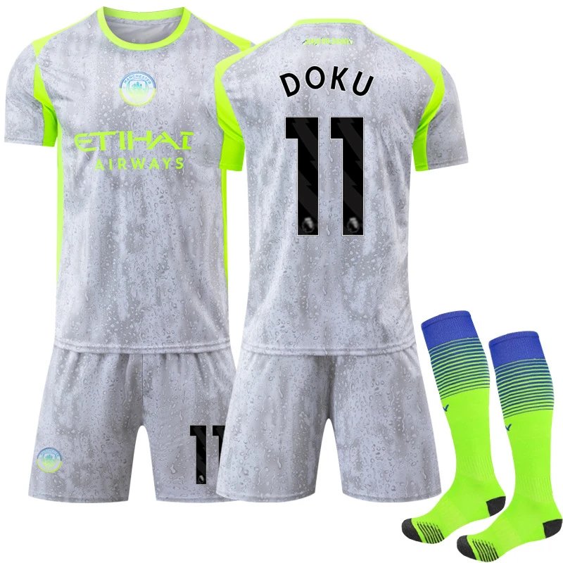 Manchester City FC 2023-24 Third Kit Gray Neon Green Jersey and Shorts Set - 10