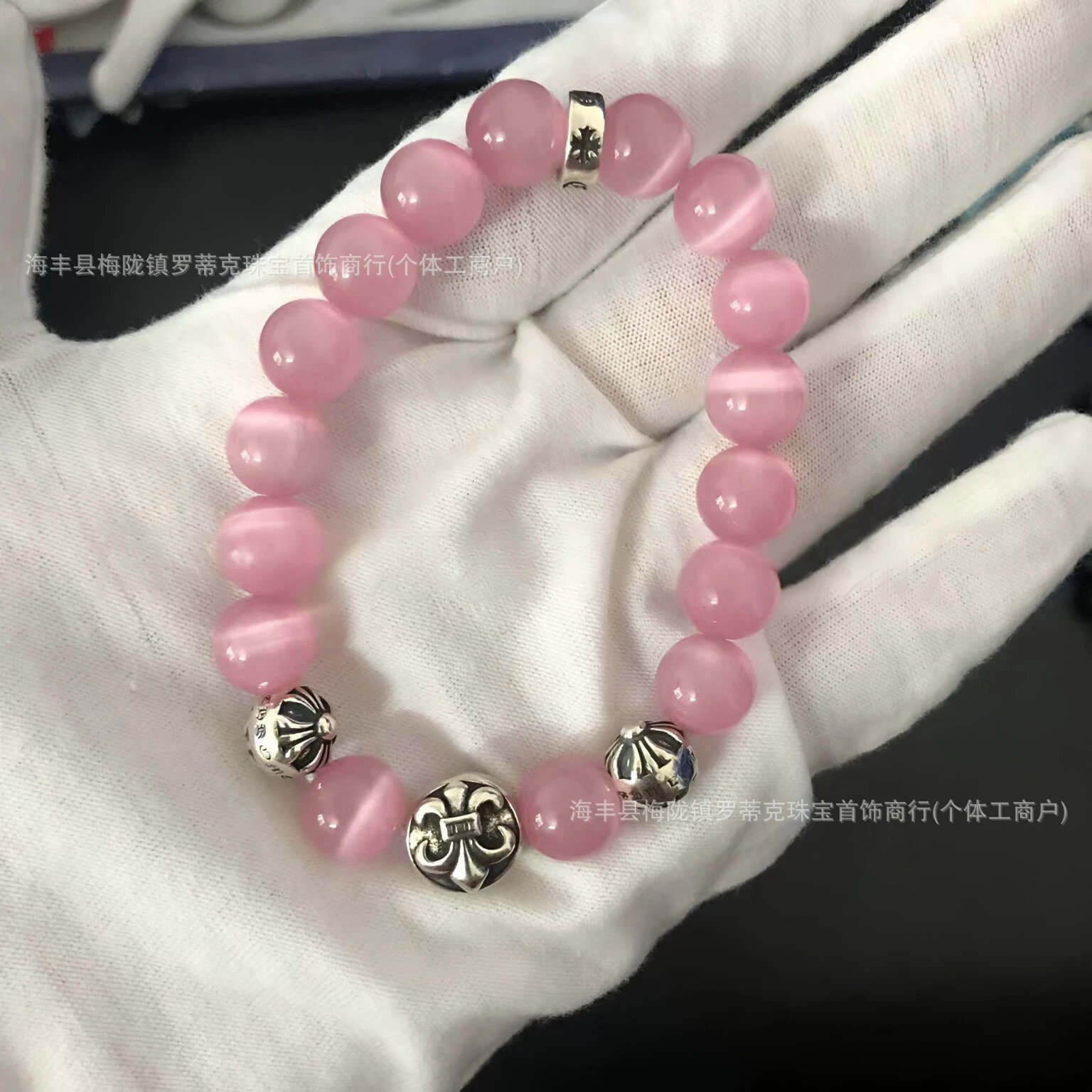 Design Handcrafted Pink Cat's Eye Stone Bracelet with Silver Floral Beads Bracelets Jewelry - 10
