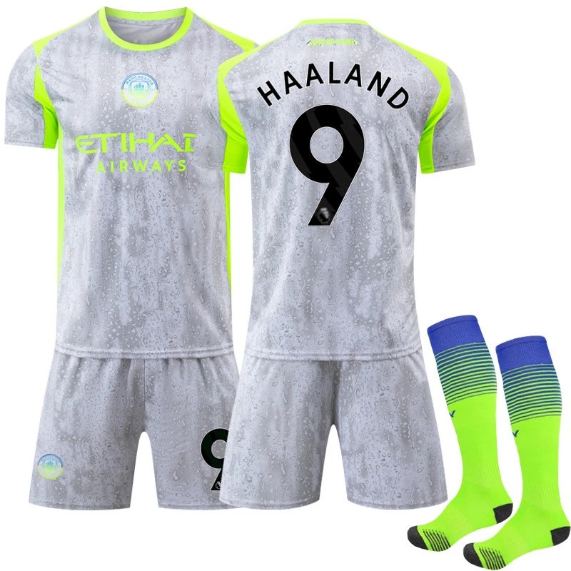 Manchester City FC 2023-24 Third Kit Gray Neon Green Jersey and Shorts Set - 4