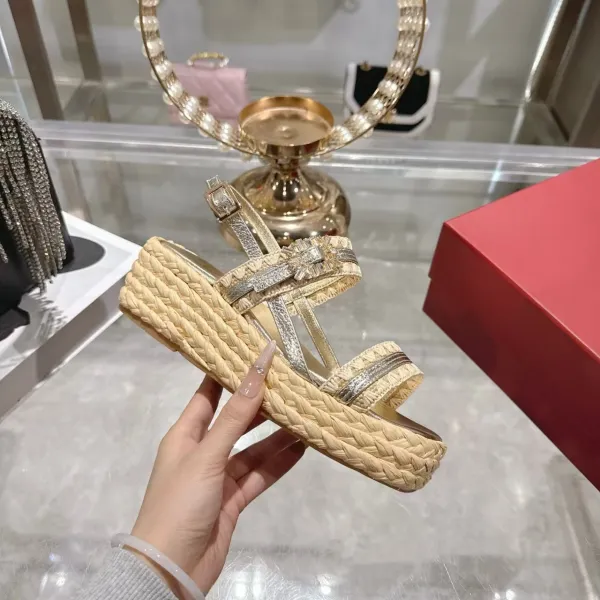 Design Woven Raffia Platform Sandals Gold Beige - 3