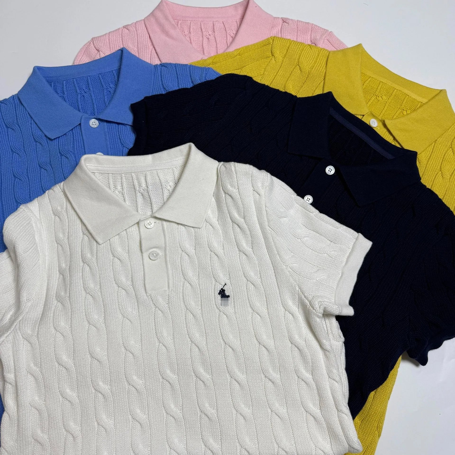 Design Cable Knit Polo Shirt in Sky Blue Tops Polo - 5