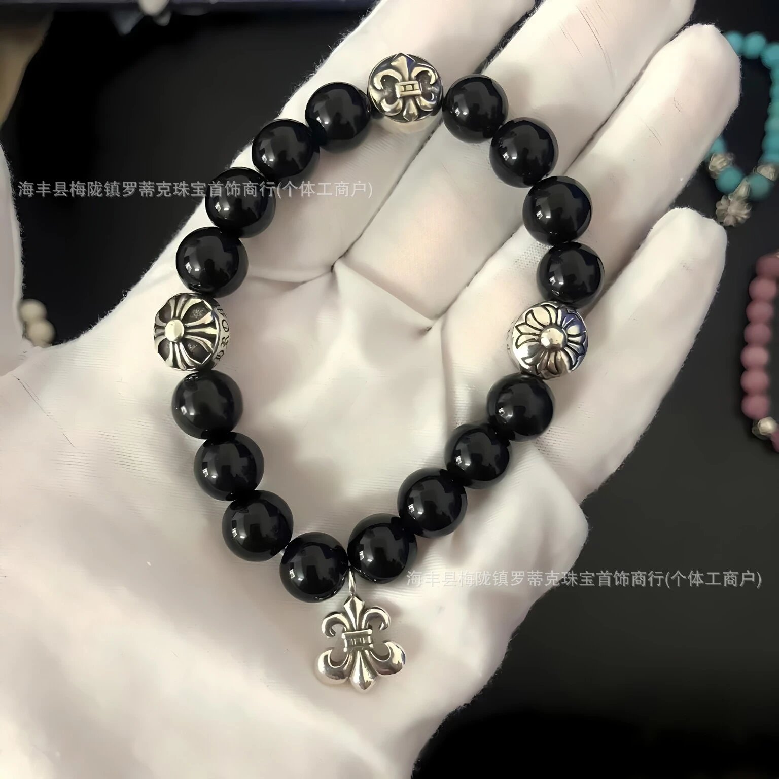 Design Handcrafted Pink Cat's Eye Stone Bracelet with Silver Floral Beads Bracelets Jewelry - 6