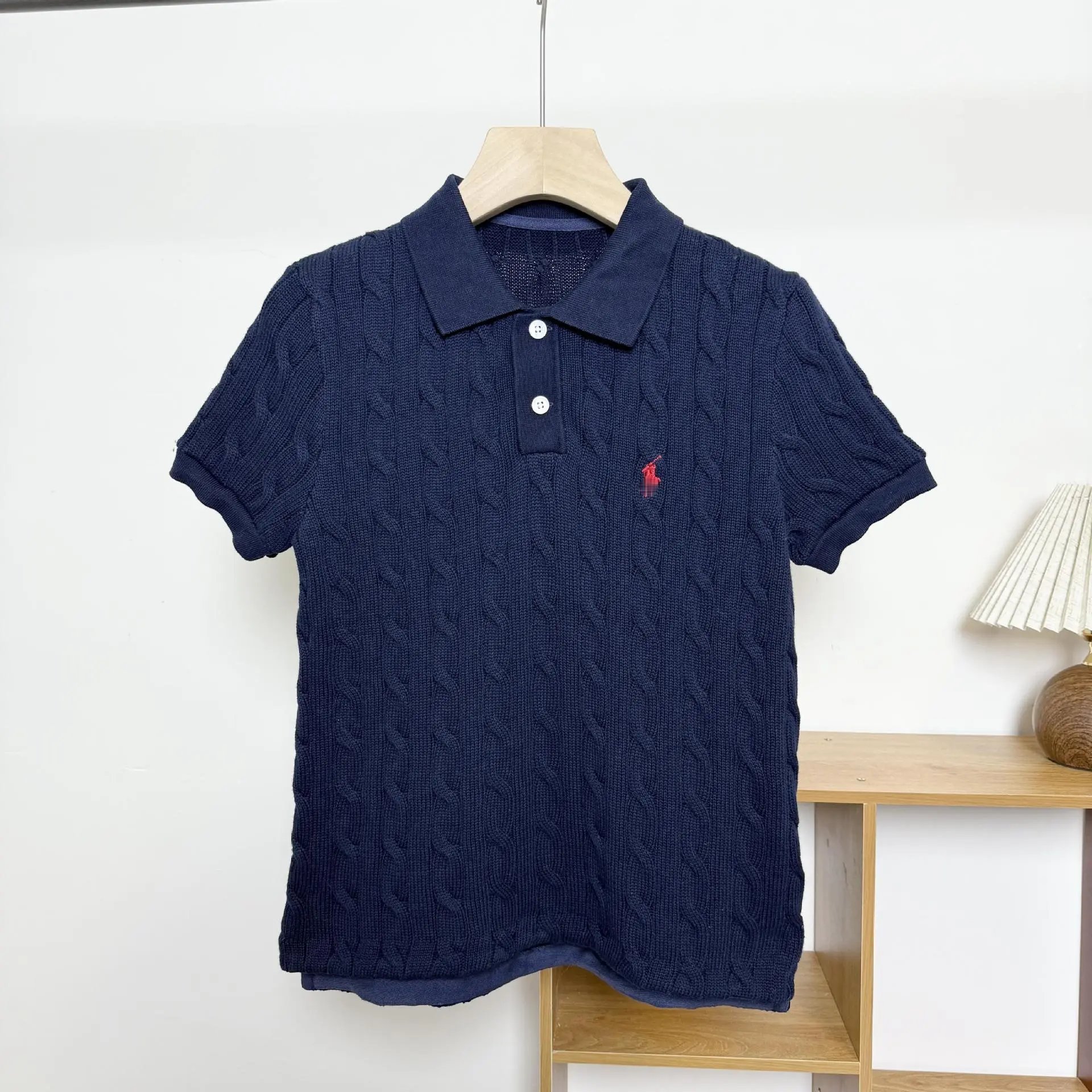 Design Cable Knit Polo Shirt in Sky Blue Tops Polo - 11