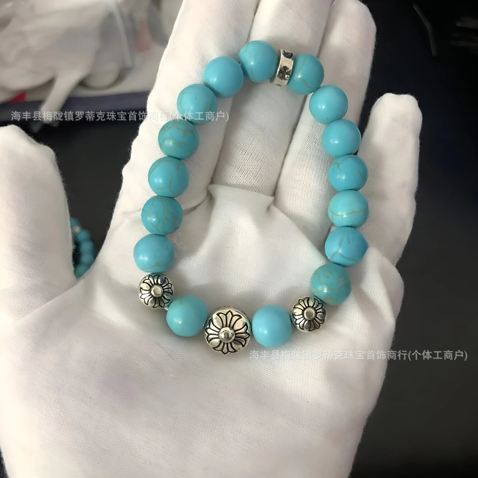 Design Handcrafted Pink Cat's Eye Stone Bracelet with Silver Floral Beads Bracelets Jewelry - 9