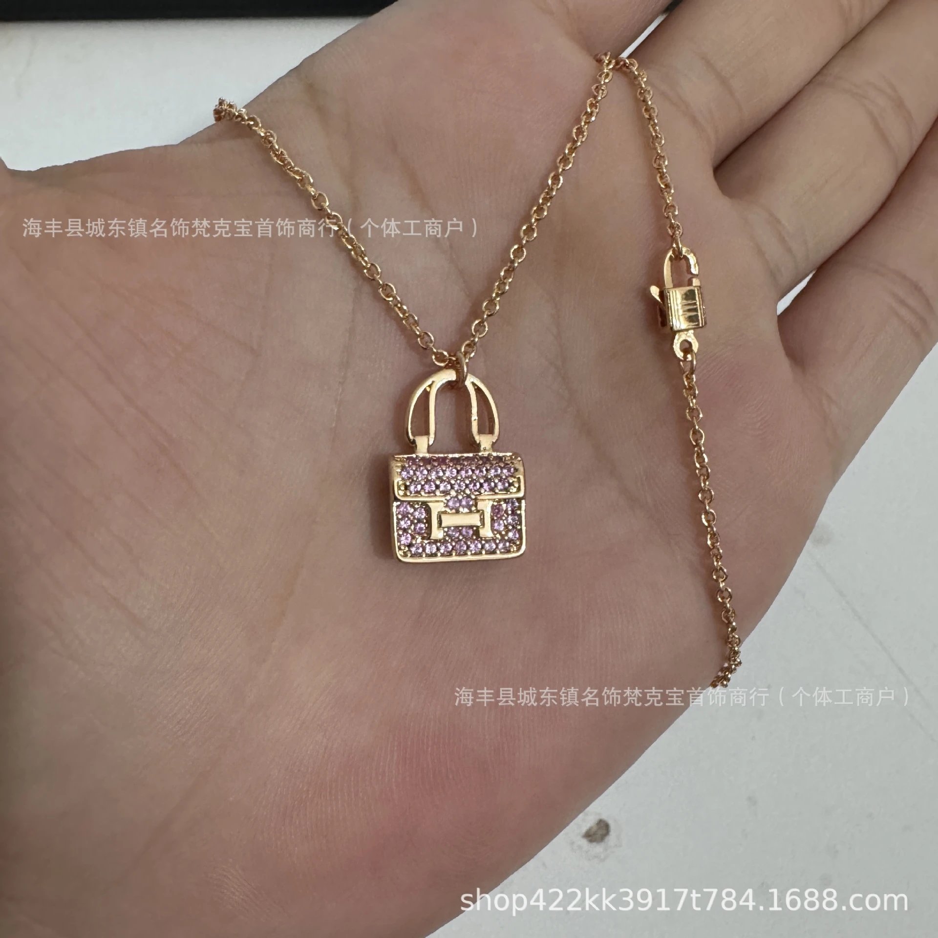 Design Handbag Pendant Necklace Pink Crystal Gold-Tone Necklace Jewelry - 1
