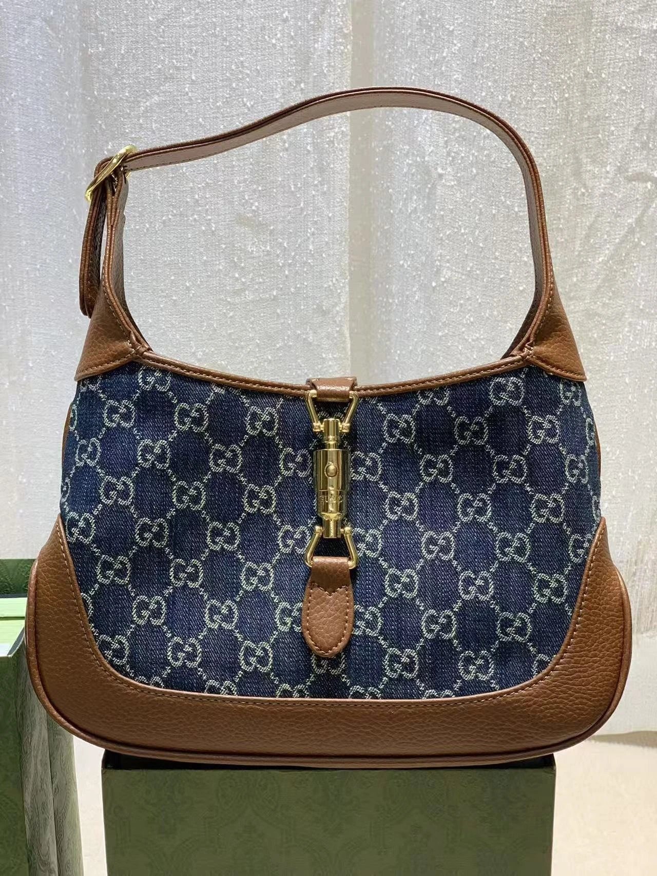Gucci Jackie 1961 Denim GG Marmont Hobo Bag Navy Brown - 5