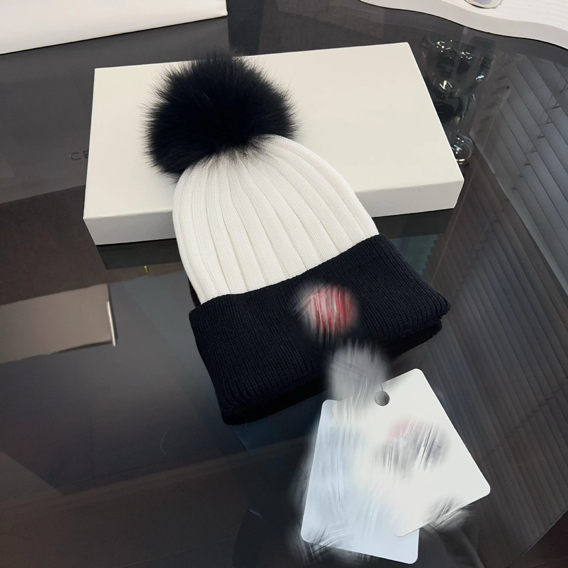 Design Two-Tone Ribbed Beanie with Fox Fur Pom-Pom Black / Gray Hat - 6